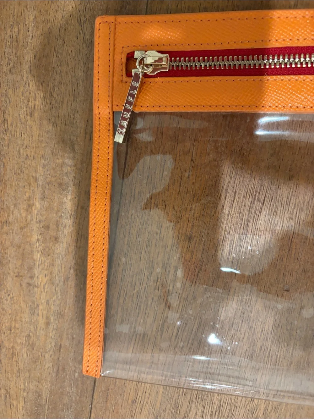 Truffle Clarity Clutch Small Clear Cosmetic Pouch with Orange Trim & Gold Zipper